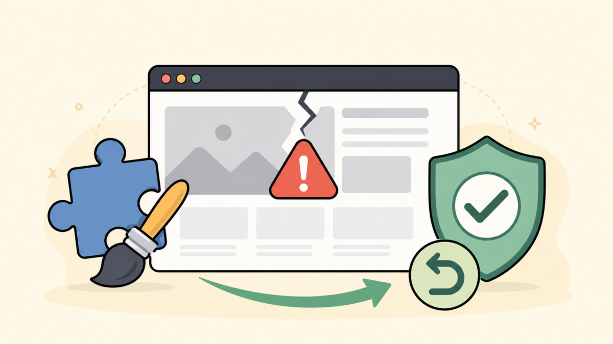 Flat vector illustration of a WordPress site recovering after a plugin or theme crash with warning, shield, and recovery arrow.