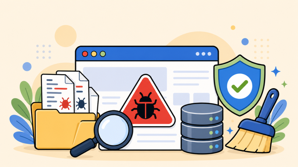 Manual WordPress malware cleanup illustration with browser warning, suspicious files, database, shield, magnifying glass, and cleaning brush.
