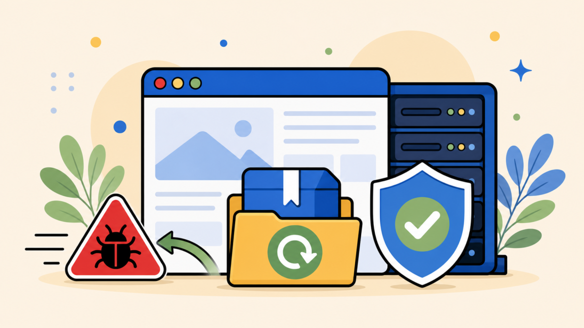 Flat vector illustration of a WordPress backup restore after a hack, with a secure server, restored backup folder, malware warning, and protection shield.