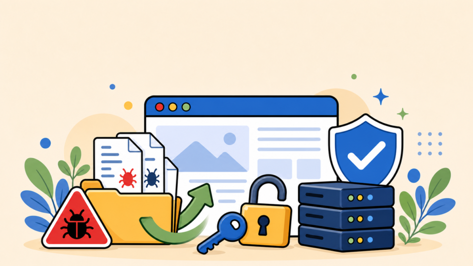 Flat vector illustration of WordPress emergency recovery with restored access, clean files, server security, and trust protection.