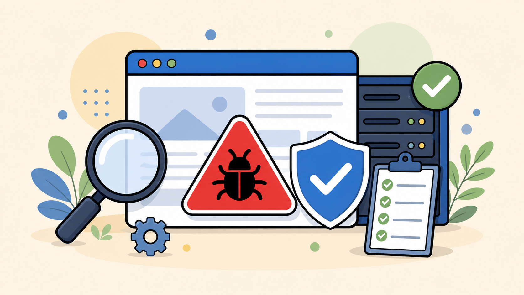 Emergency WordPress malware removal illustration showing a browser, server, warning symbol, shield, magnifying glass, and checklist.