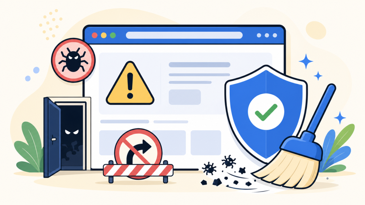Illustration of WordPress hack cleanup with malware, backdoor, redirect blocking, security shield, and cleanup brush.