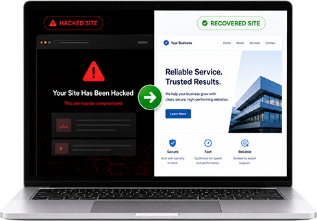 WordPress hacked site being restored from malware infection to a recovered secure website