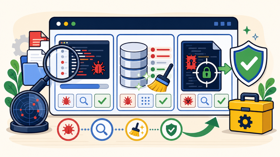 SiteFixNow WordPress malware cleanup illustration showing files, database records, and backdoor checks being scanned, cleaned, and secured.