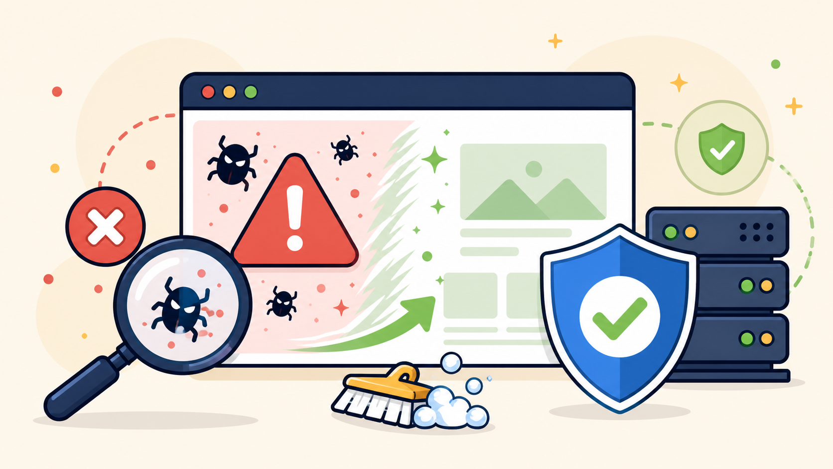 Google blacklist warning on WordPress with malware inspection cleanup shield and safe server recovery