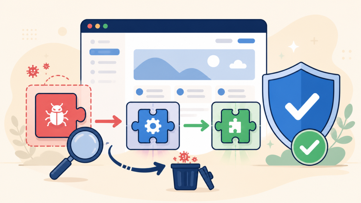 Infected WordPress plugin folder being isolated, replaced, and protected without breaking the site