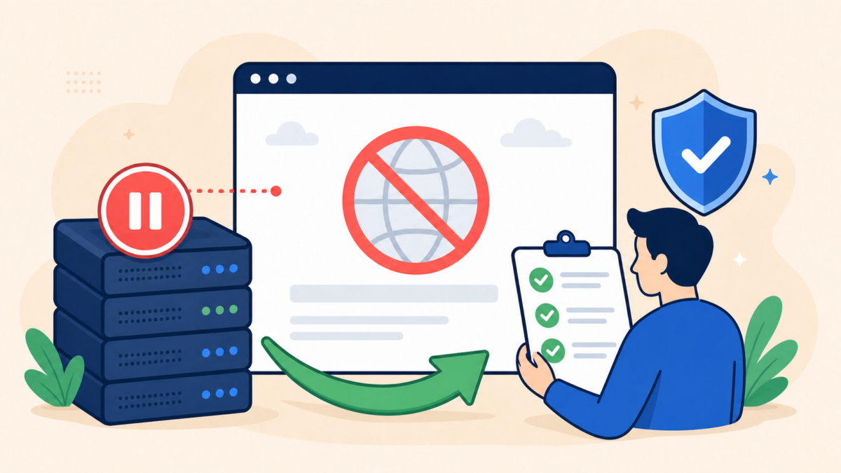 WordPress site suspension recovery checklist with hosting server, shield, and controlled restoration path