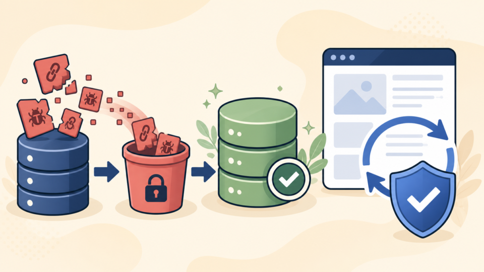 Confirmed malicious database records quarantined before clean WordPress data is verified