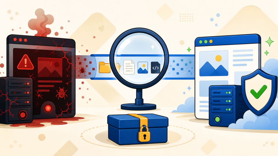 Clean-room WordPress recovery workflow inspecting files before a verified restored site