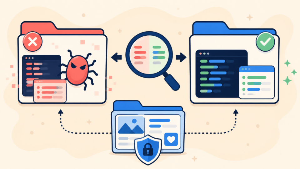 Comparing an infected WordPress theme with a clean package while protecting customizations