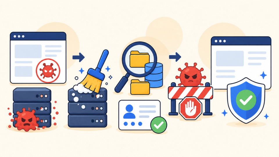 Complete WordPress malware cleanup across files database and user access