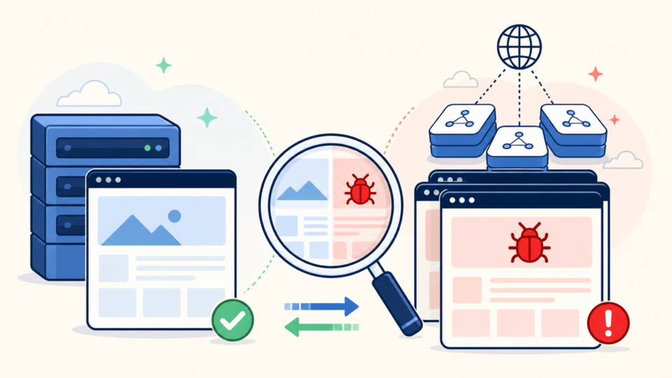 Comparison of a clean origin server and cached browser pages still showing malware