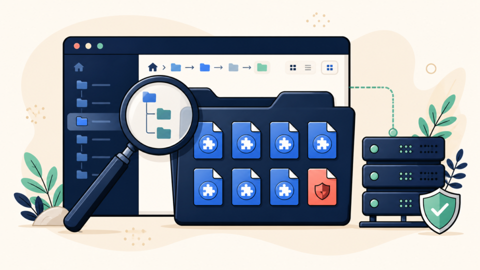 WordPress must-use plugin folder inventory with file manager magnifying glass and server checks
