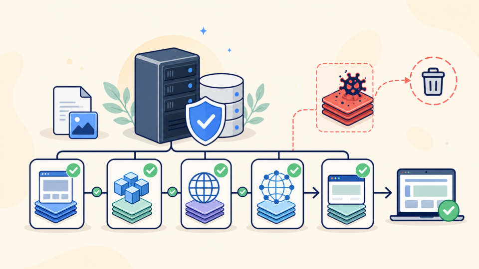Controlled purge order from clean origin through WordPress server CDN and browser cache layers