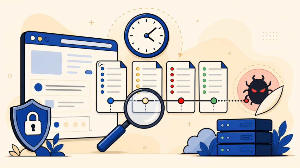 WordPress reinfection timeline with logs, clock, magnifying glass, and hidden malware evidence