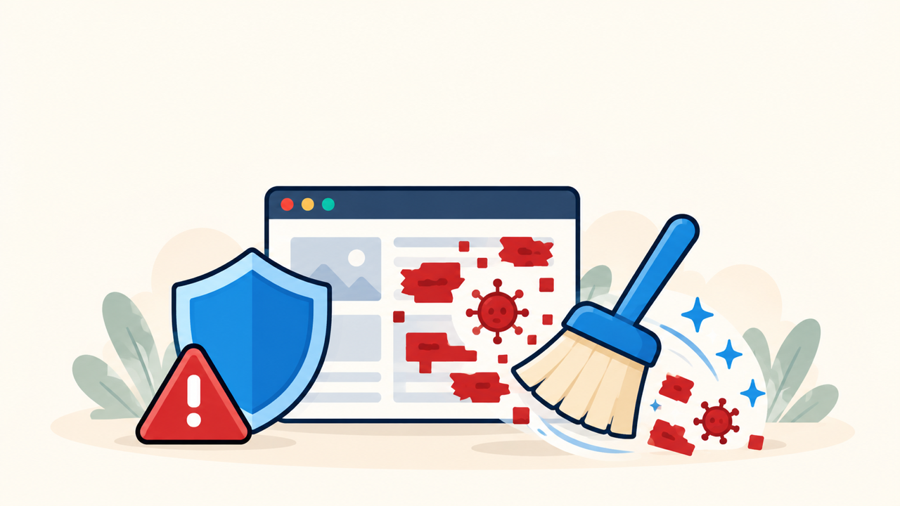 Google Ads compromised WordPress site warning with security shield and malware cleanup