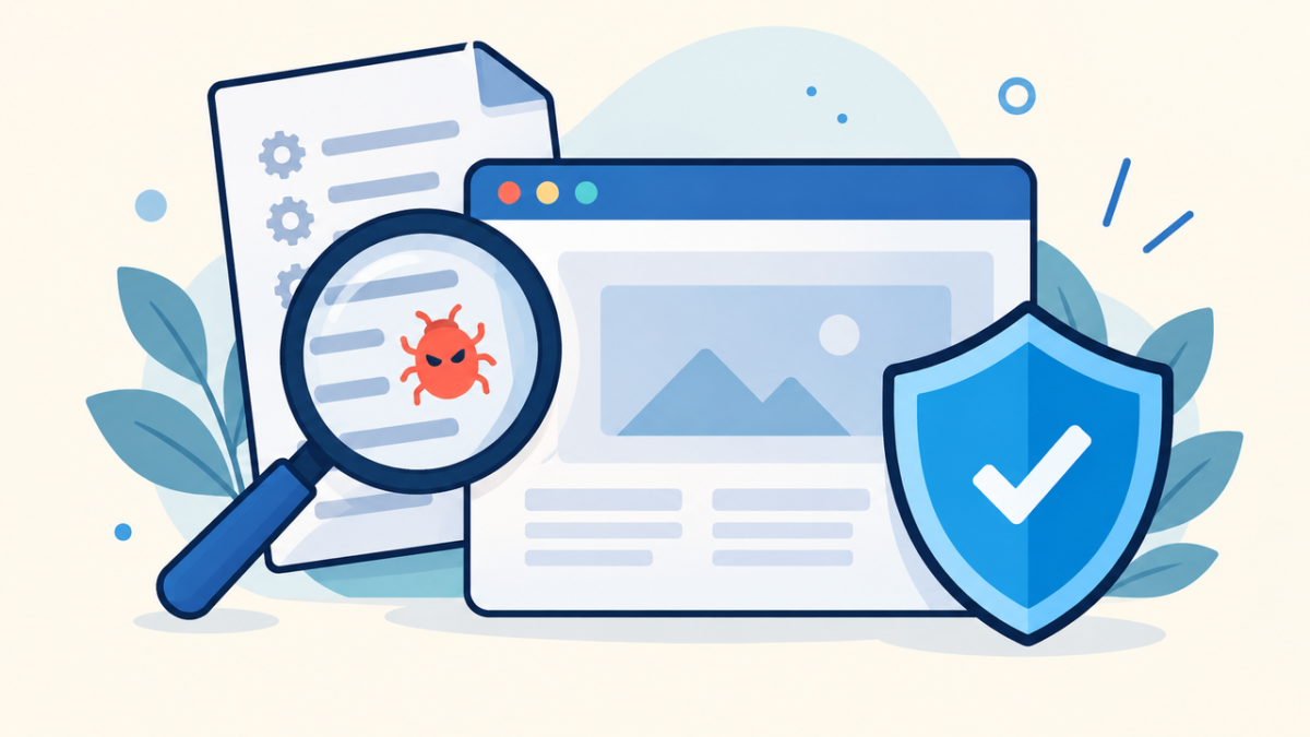 Hidden WordPress .user.ini malware inspection with a magnifying glass and security shield