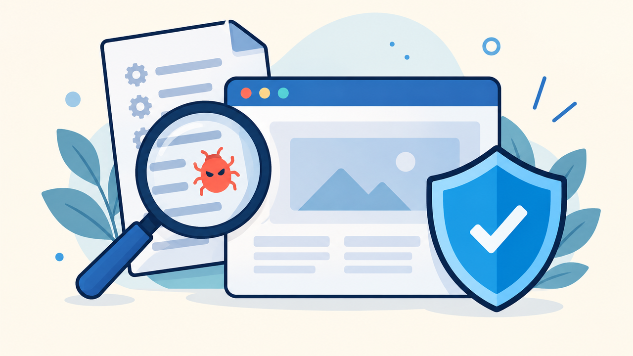 Hidden WordPress .user.ini malware inspection with a magnifying glass and security shield