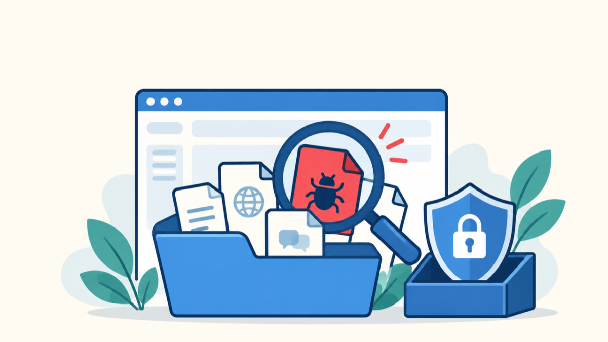 WordPress languages folder malware inspection with suspicious file, magnifier, and security shield