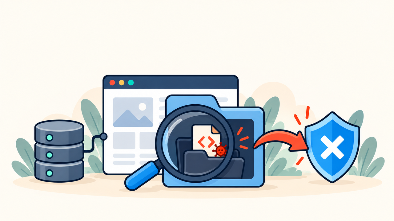 WordPress .well-known malware inspection with hidden folder, blocked redirect, and security shield