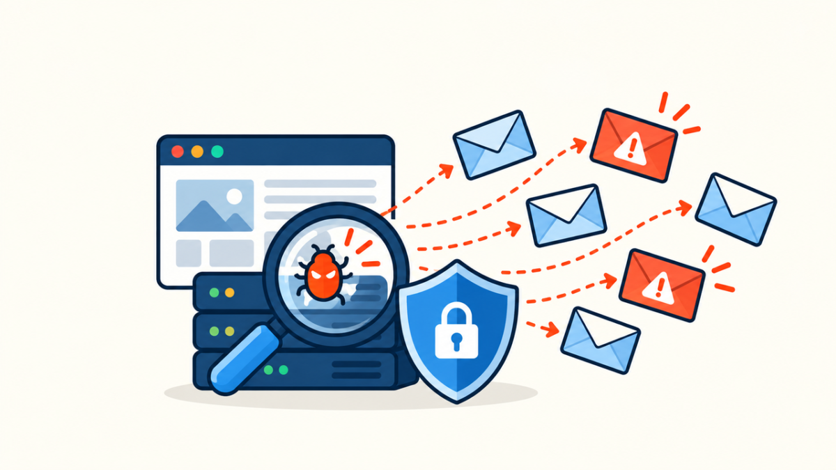 WordPress website sending suspicious spam email while a shield and magnifying glass trace the source