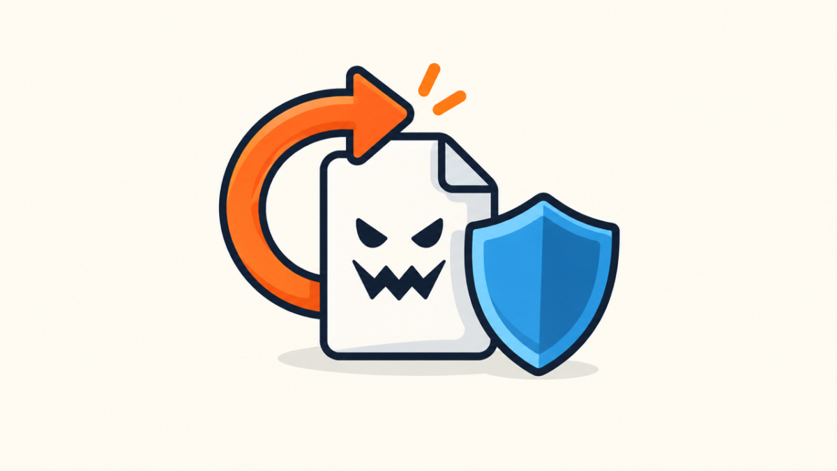 Malicious index.php file returning beside a circular reinfection arrow and security shield
