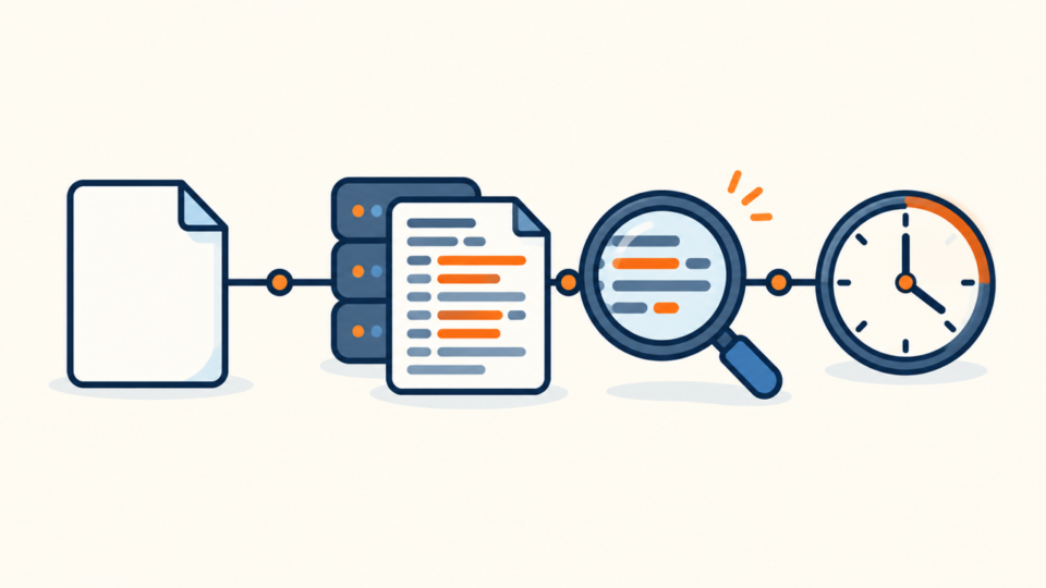Forensic timeline connecting an infected index.php file with server logs, a magnifying glass, and a clock